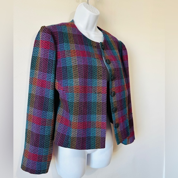 Vintage Wool Colorful Plaid Crop Style Blazer By Doncaster Size 6 - Picture 4 of 7